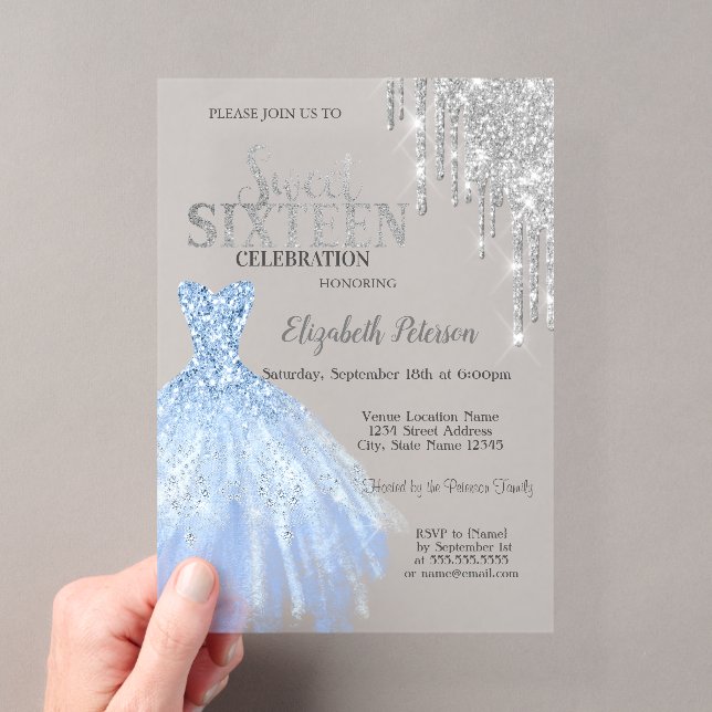 Silver Glitter Drips,Blue Dress Sweet 16  Acrylic Invitations (Insitu (Handheld))