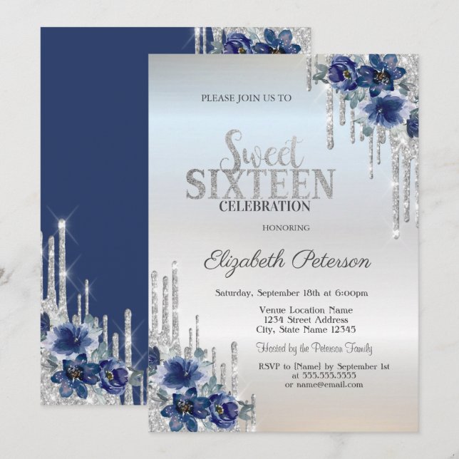Silver Glitter Drips Blue Flowers Silver Sweet 16  Invitation (Front/Back)