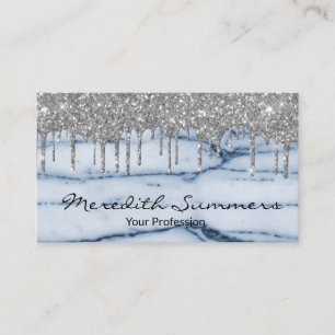 Silver Glitter Drips Blue Marble Customize Glitter Business Card