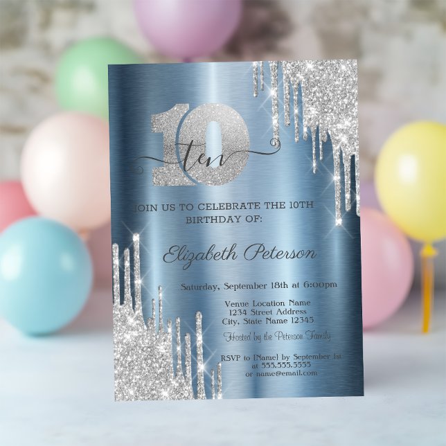 Silver Glitter Drips Blue Metallic 10th Birthday  Invitation (Creator Uploaded)