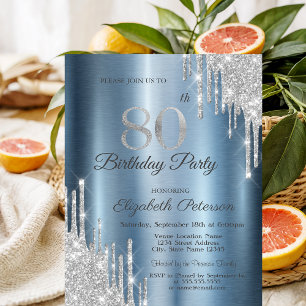 Silver Glitter Drips Blue Metallic 80th Birthday  Invitation
