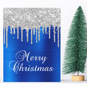 Silver Glitter Drips Blue Metallic Merry Christmas Card