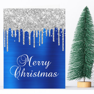 Silver Glitter Drips Blue Metallic Merry Christmas Card