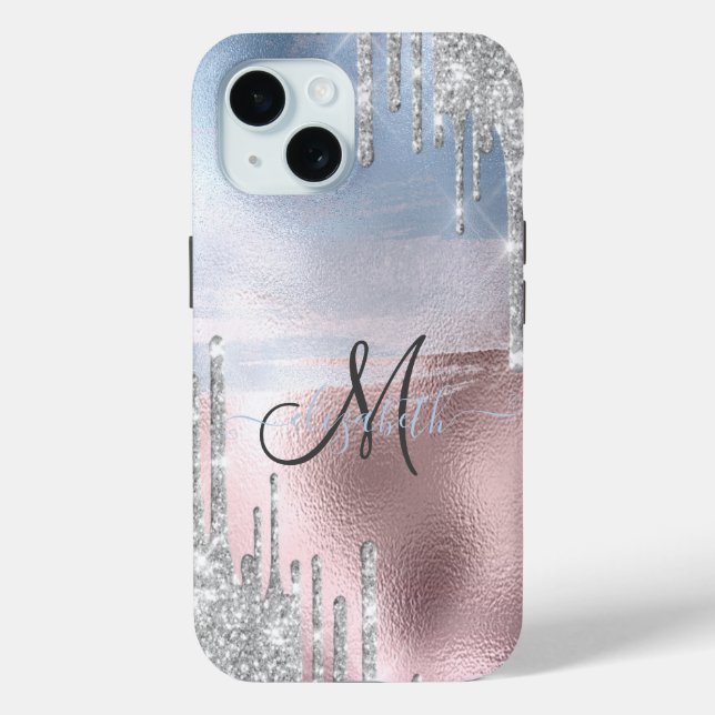 Silver Glitter Drips Blue Rose Gold Metallic  Case-Mate iPhone Case (Back)