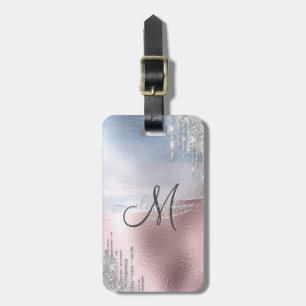 Silver Glitter Drips Blue Rose Gold Metallic  Luggage Tag