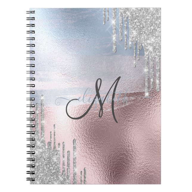 Silver Glitter Drips Blue Rose Gold Metallic  Notebook (Front)