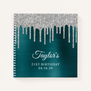Silver Glitter Drips Blue Teal 21st Birthday Notebook