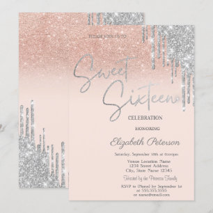 Silver Glitter Drips Blush Pink Sweet 16 Invitation