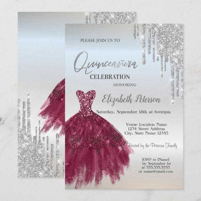 Silver Glitter Drips,Burgundy Dress Quinceañera Invitation (Front/Back)