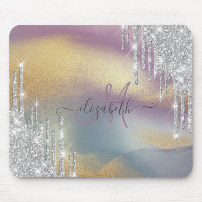 Silver Glitter Drips Colourful Gold Monogram  Mouse Pad (Front)