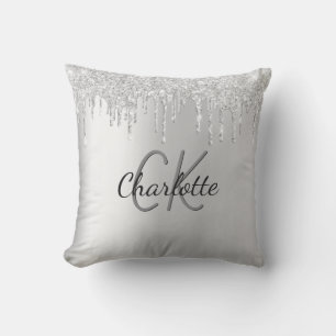 Silver glitter drips custom monogram name sparkle outdoor pillow
