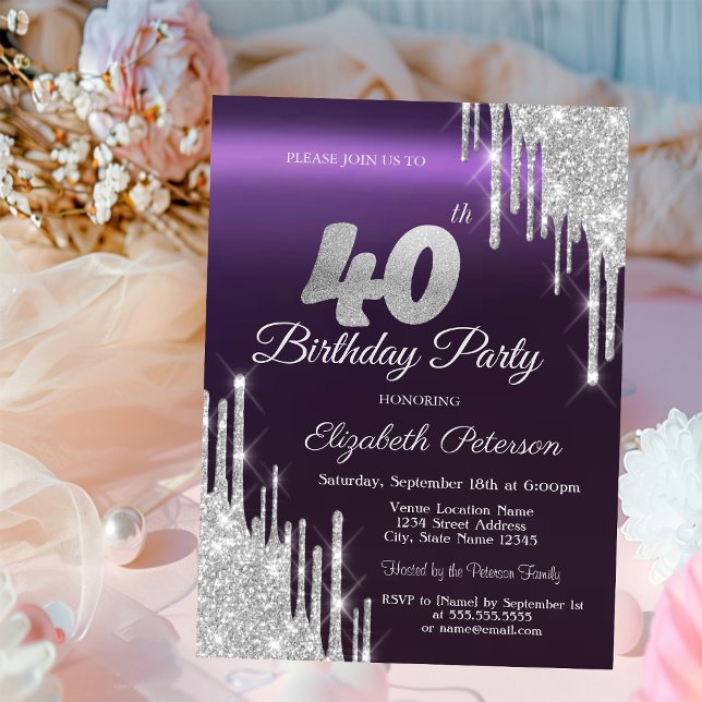  Silver Glitter Drips Dark Purple 40th Birthday   Invitation (Creator Uploaded)