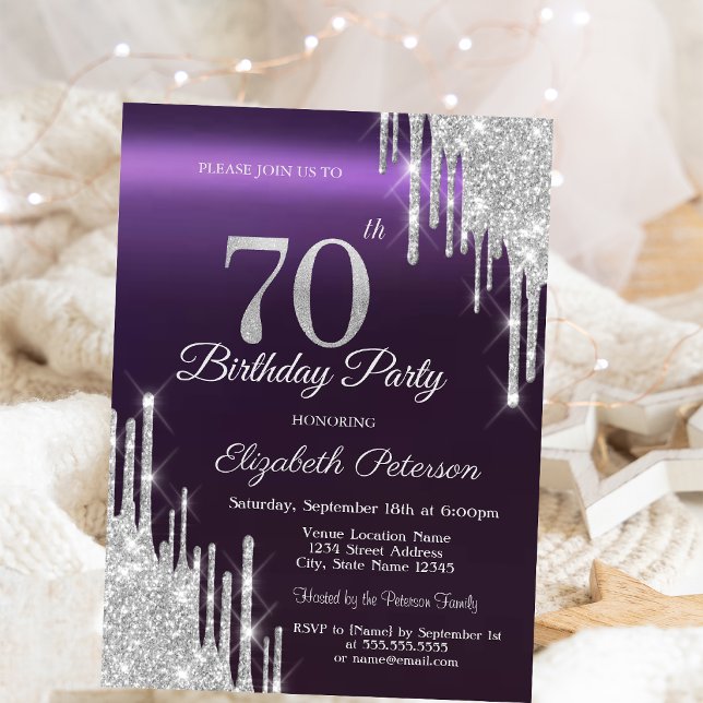 Silver Glitter Drips Dark Purple 70th Birthday   Invitation (Creator Uploaded)