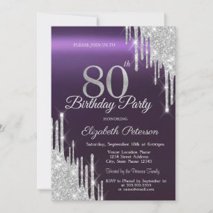 Silver Glitter Drips Dark Purple 80th Birthday Invitation