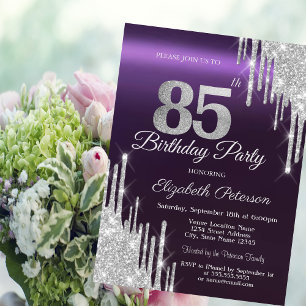 Silver Glitter Drips Dark Purple 85th Birthday   Invitation