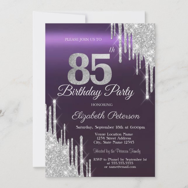 Silver Glitter Drips Dark Purple 85th Birthday   Invitation (Front)