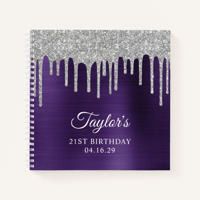 Silver Glitter Drips Dark Violet 21st Birthday Notebook (Front)