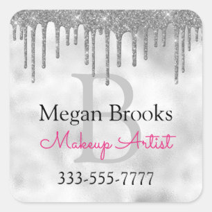 Silver Glitter Drips, DIY Name, Monogram Title Blk Square Sticker