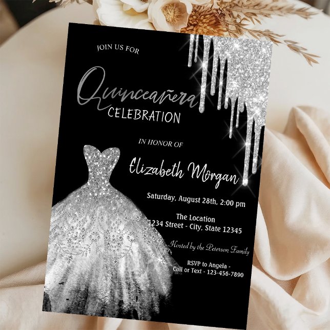 Silver Glitter Drips Dress Black Quinceañera Invitation (Creator Uploaded)