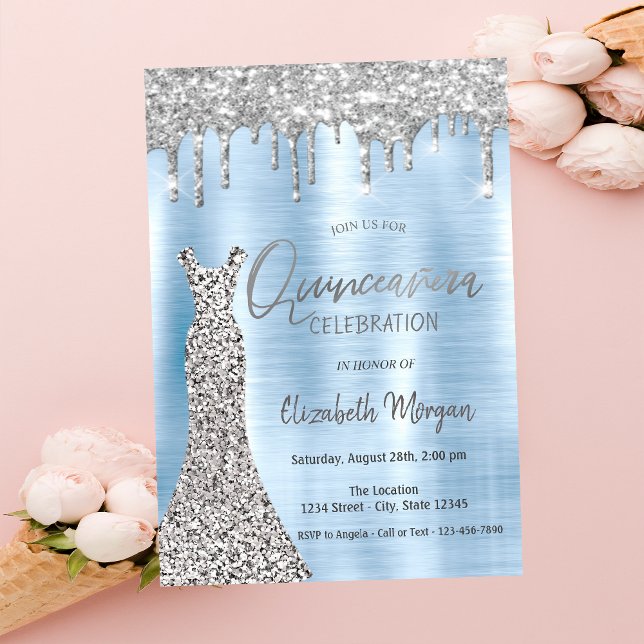 Silver Glitter Drips,Dress Blue Quinceañera Invitation (Creator Uploaded)