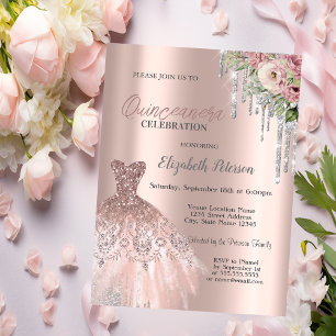 Silver Glitter Drips,Dress Flowers Quinceanera Invitation