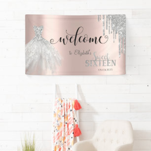 Silver Glitter Drips, Dress Rose Gold Sweet 16   Banner