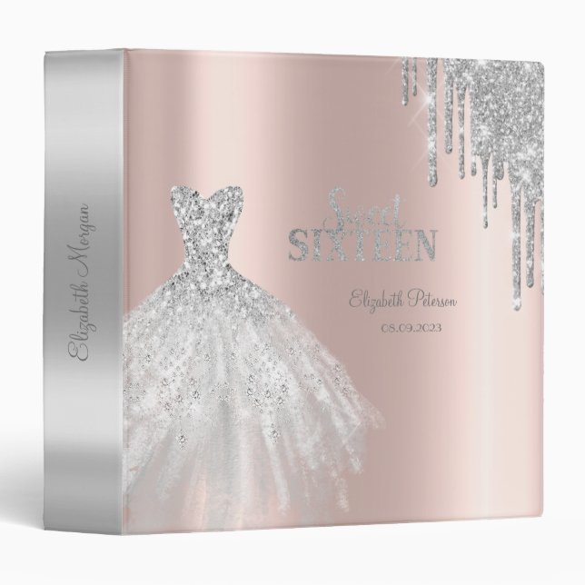 Silver Glitter Drips, Dress Rose Gold Sweet 16   Binder (Front/Spine)