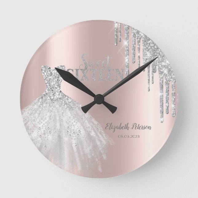 Silver Glitter Drips, Dress Rose Gold Sweet 16   Round Clock (Front)
