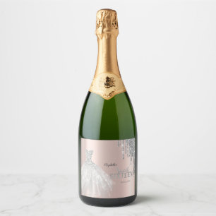 Silver Glitter Drips, Dress Rose Gold Sweet 16  Sparkling Wine Label