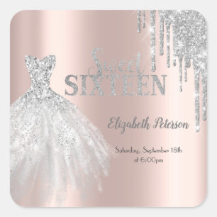 Silver Glitter Drips, Dress Rose Gold Sweet 16 Square Sticker
