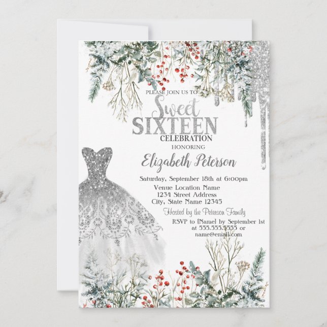 Silver Glitter Drips,Dress Winter Flowers Sweet 16 Invitation (Front)