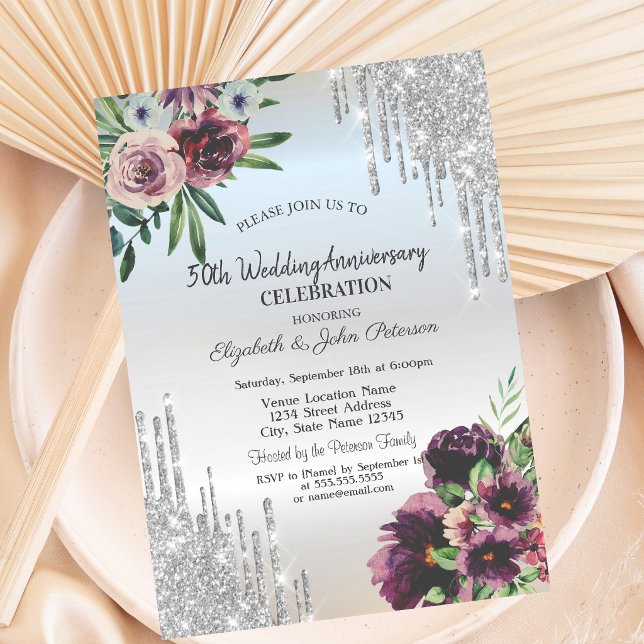 Silver Glitter Drips,Dust Roses  Anniversary Invitation (Creator Uploaded)