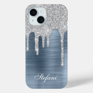 Silver Glitter Drips Dusty Blue Glam Girly  iPhone 15 Case