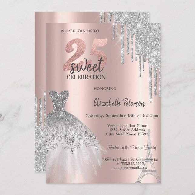 Silver Glitter Drips,Eiffel Tower Dress Sweet 25th Invitation (Front/Back)