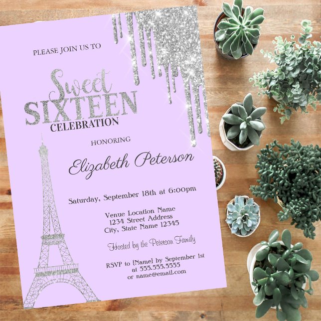 Silver Glitter Drips, Eiffel Tower Sweet 16  Invit Invitation (Creator Uploaded)