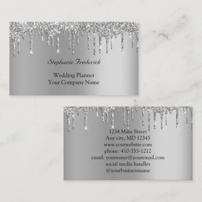 Silver Glitter Drips Feminine Small Business  Card (Front/Back)