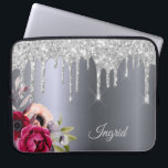 Silver glitter drips florals name laptop sleeve<br><div class="desc">Faux silver glitter drip,  paint drip look on a faux silver metallic looking background. Burgundy and rose gold coloured Flowers. Template for Your name.  The name in light grey is written with a modern and trendy hand lettered style script.</div>