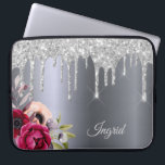 Silver glitter drips florals name laptop sleeve<br><div class="desc">Faux silver glitter drip,  paint drip look on a faux silver metallic looking background. Burgundy and rose gold coloured Flowers. Template for Your name.  The name in light grey is written with a modern and trendy hand lettered style script.</div>