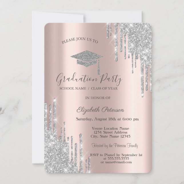 Silver Glitter Drips,Grad Cap Graduation Invitation (Front)