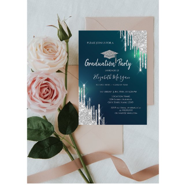 Silver Glitter Drips Grad Cap Green Graduation  Invitation (Creator Uploaded)