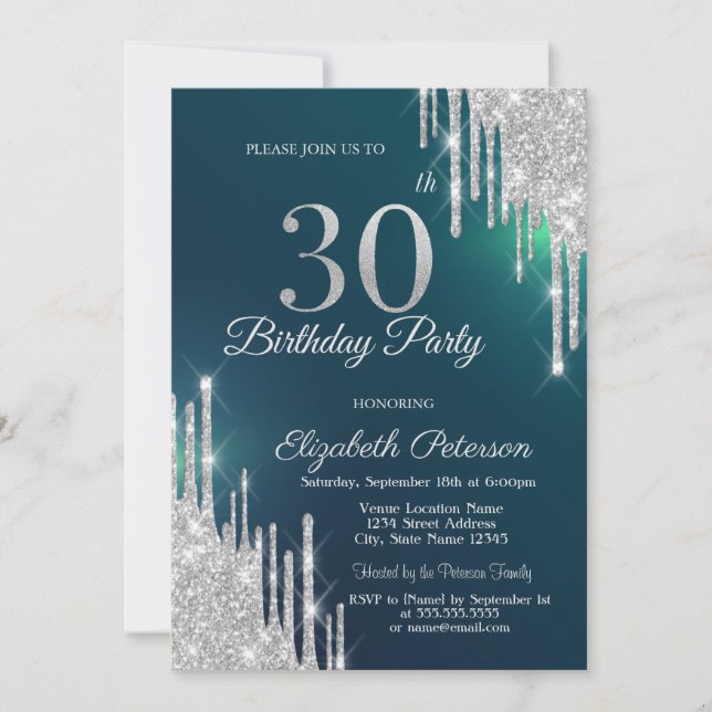 Silver Glitter Drips Green 30th Birthday Invitation (Front)