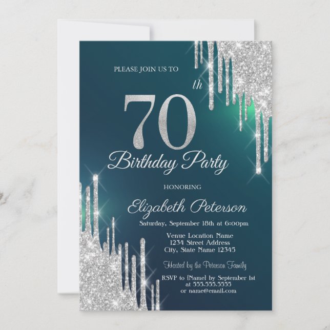 Silver Glitter Drips Green 70th Birthday Invitation (Front)