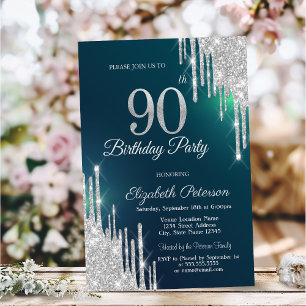Silver Glitter Drips Green 90th Birthday Invitation