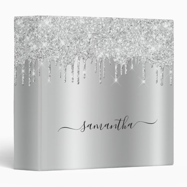 Silver Glitter Drips Grey Shimmer Glam Name Binder (Front/Spine)