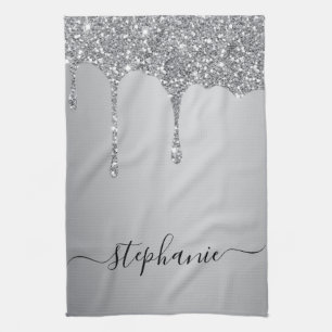 Silver Glitter Drips Hand Lettered Custom Name Kitchen Towel