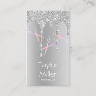 Silver glitter drips holographic scissors hair business card