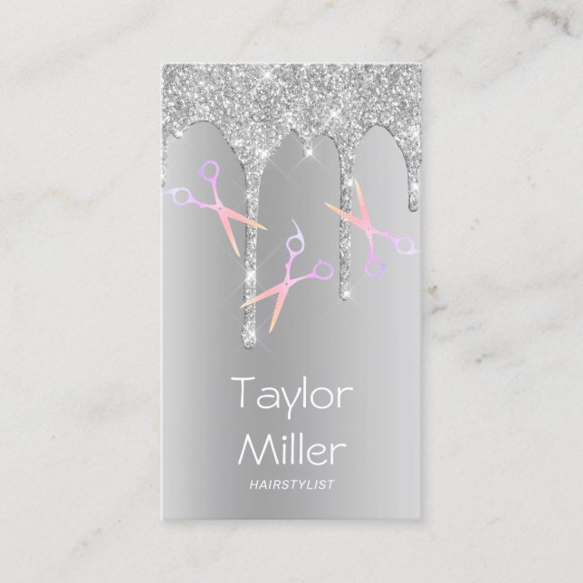 Silver glitter drips holographic scissors hair business card (Front)