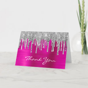 Silver Glitter Drips Hot Pink Foil 50th Birthday Thank You Card