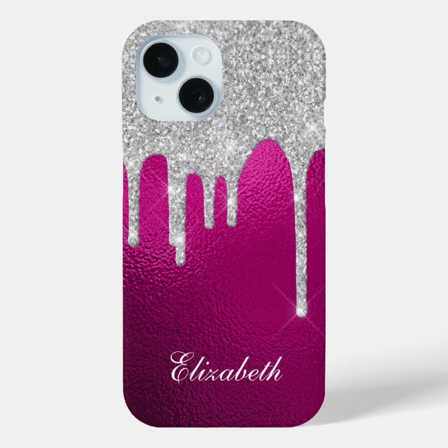 Silver Glitter Drips Hot pink Glam Girly  Case-Mate iPhone Case (Back)