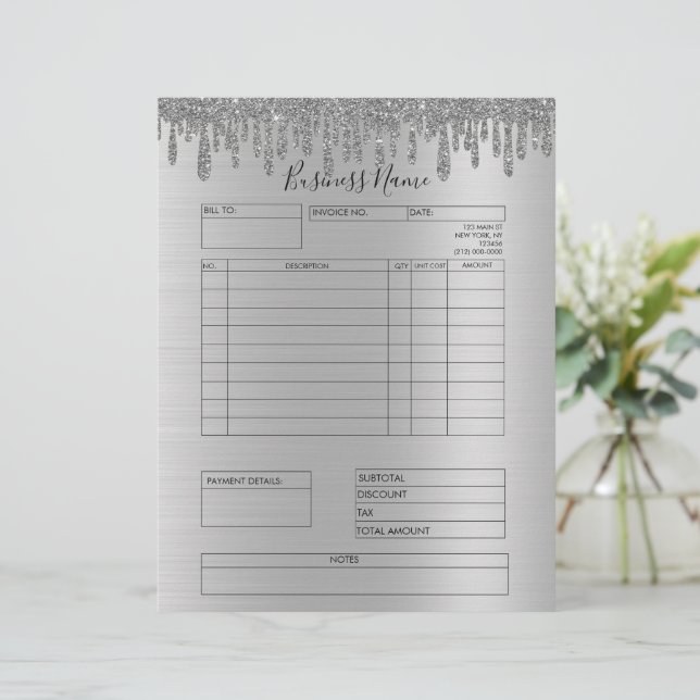 Silver Glitter Drips Invoice Small Business  Letterhead (Standing Front)